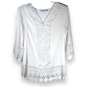 Solitaire Swim Women’s Lace Coverup Blouse Top Boho White Cream Size L‎